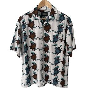Shark Print Button Down Shirt Mens S White Blue Short Sleeve Novelty Golf Fun